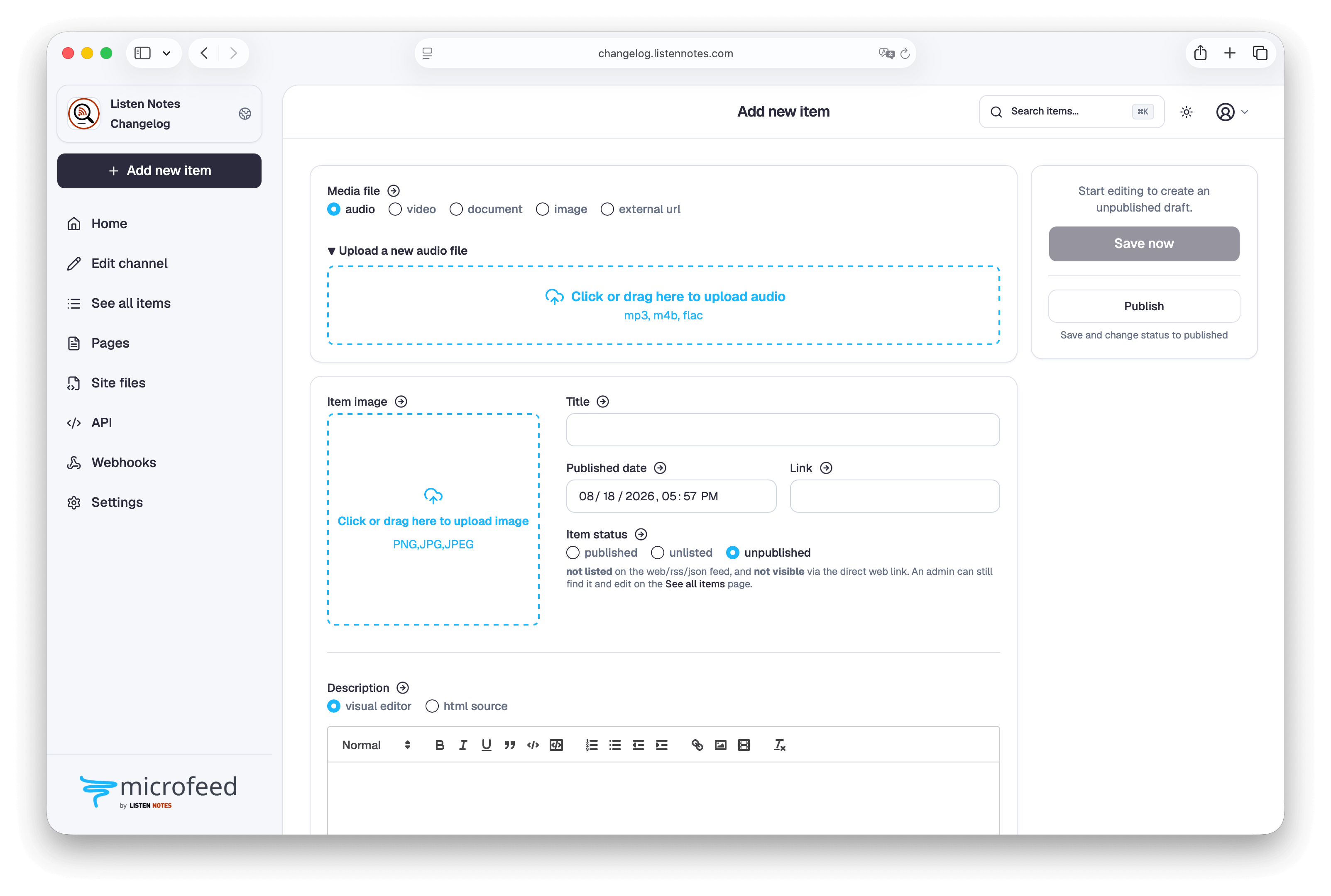 Creating a new microfeed item with media type, upload, image, title, publication, visibility, and description controls