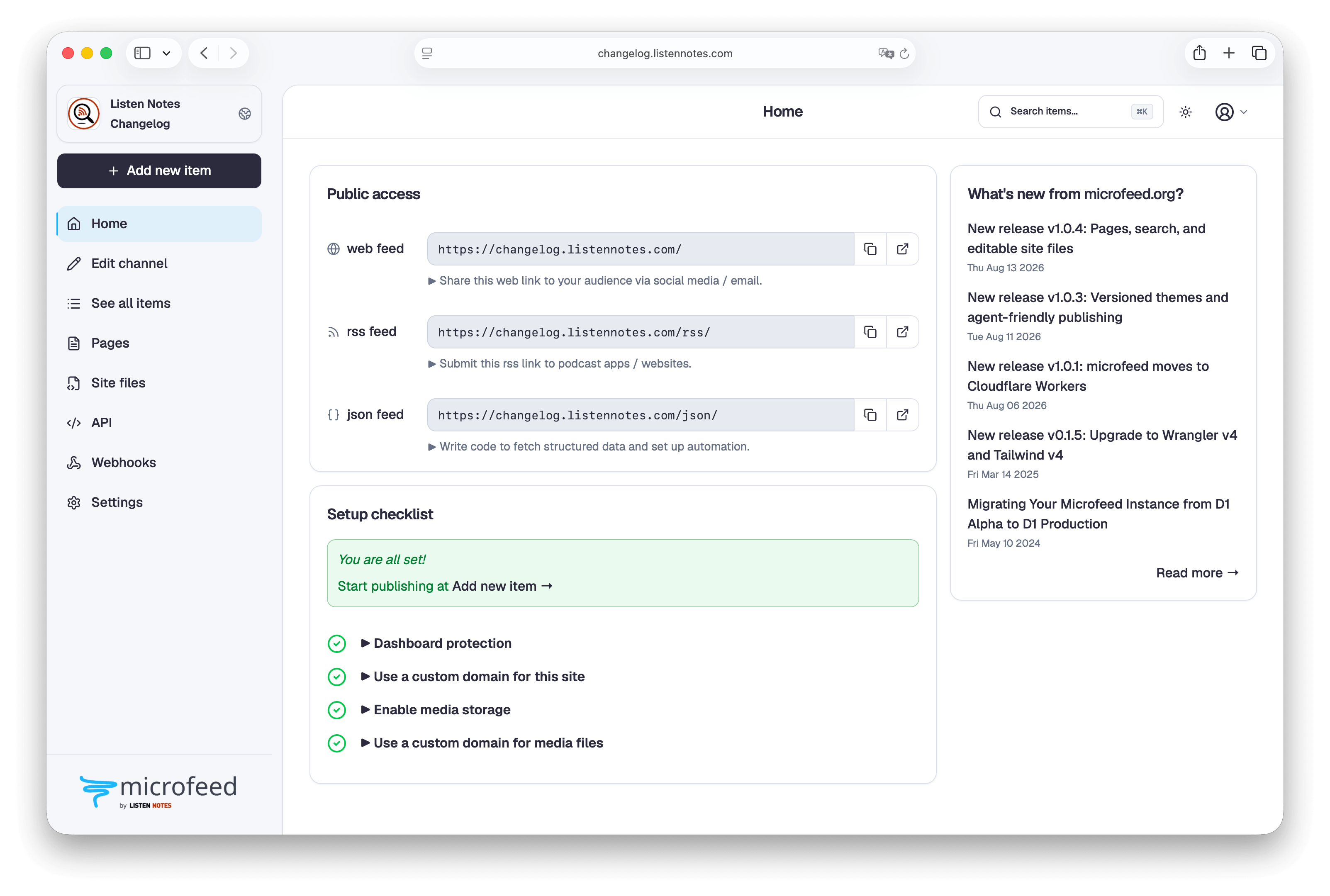 The microfeed admin home page showing public access links and the setup checklist