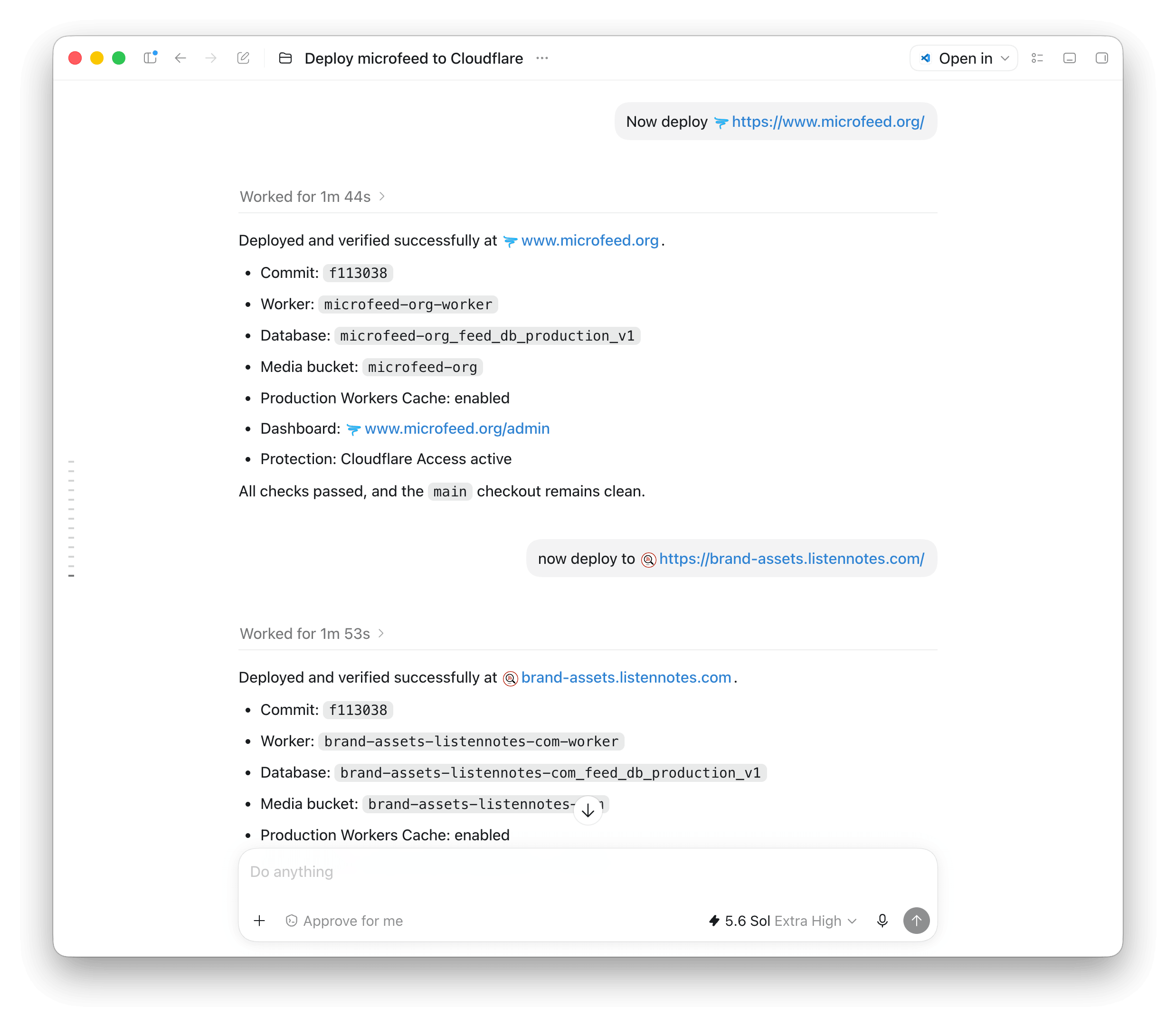 A coding agent deploying microfeed to Cloudflare and reporting the production resources it created